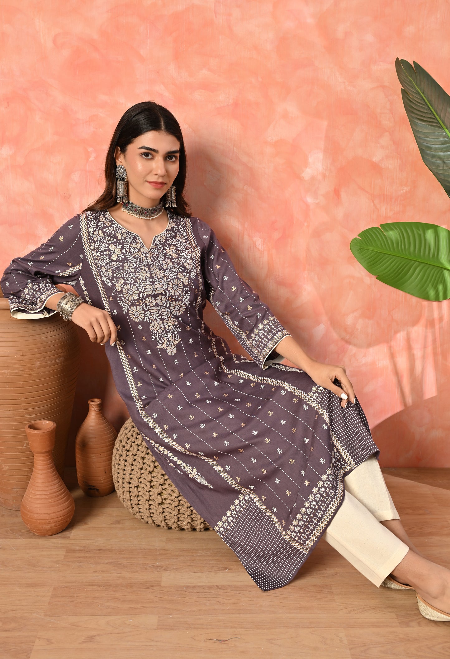 Smoky Purple Traditional Printed Rayon Kurta with Ethnic Border Detailing & Side Pocket