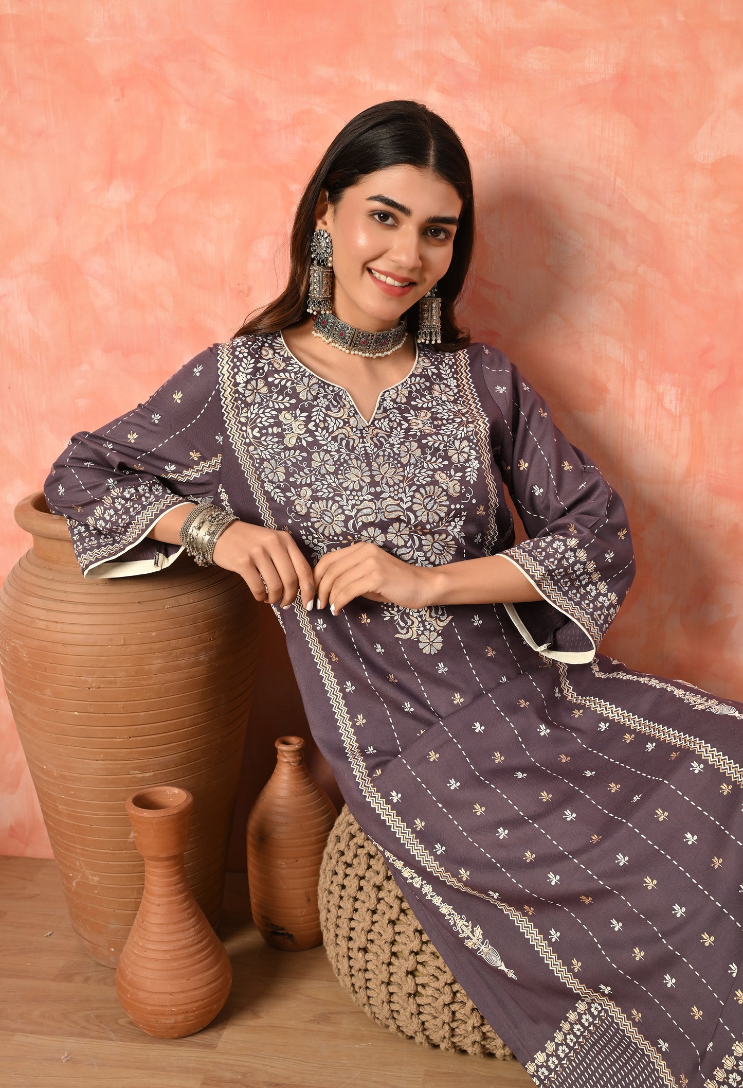Smoky Purple Traditional Printed Rayon Kurta with Ethnic Border Detailing & Side Pocket
