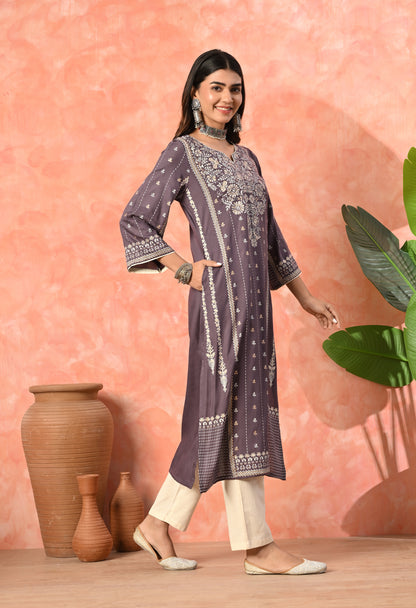 Smoky Purple Traditional Printed Rayon Kurta with Ethnic Border Detailing & Side Pocket