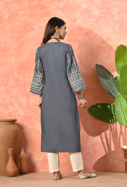 Charcoal Grey Heritage Printed Rayon Kurta with Border Detailing & Pocket