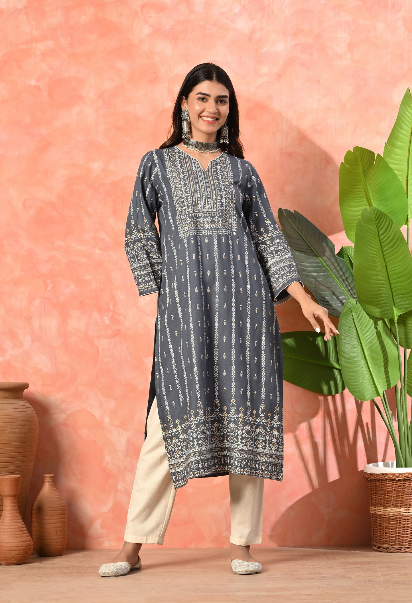 Charcoal Grey Heritage Printed Rayon Kurta with Border Detailing & Pocket