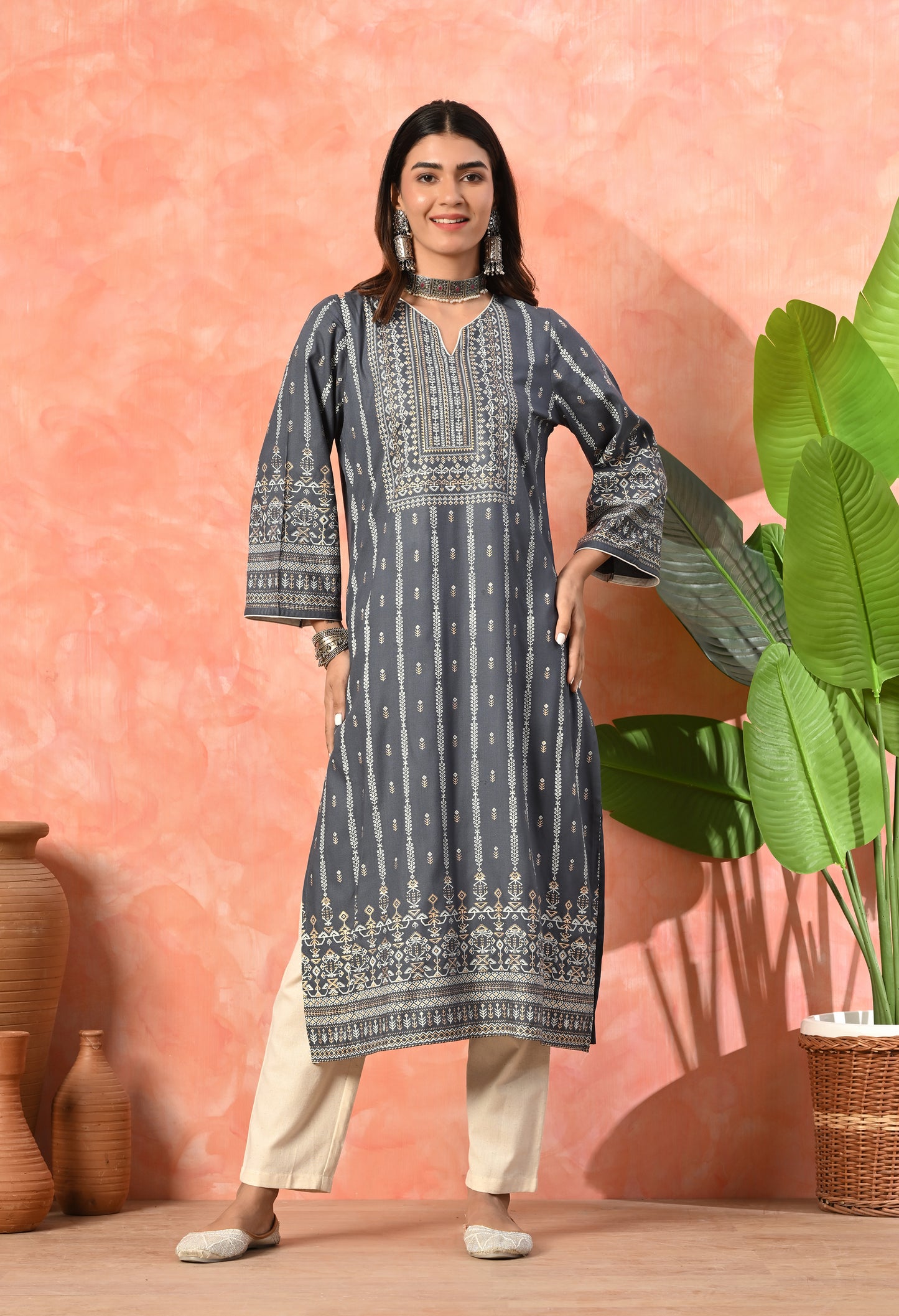 Charcoal Grey Heritage Printed Rayon Kurta with Border Detailing & Pocket
