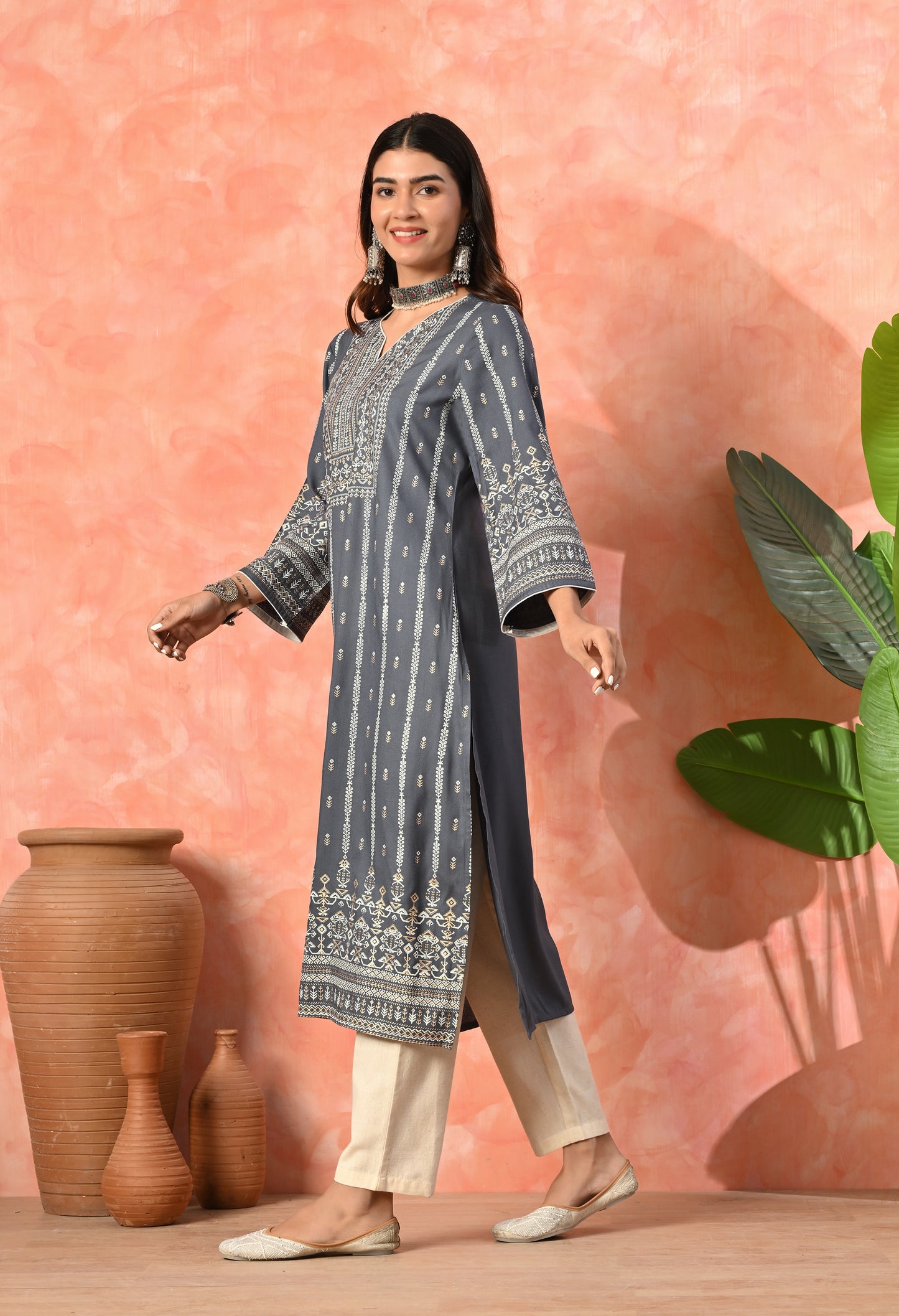 Charcoal Grey Heritage Printed Rayon Kurta with Border Detailing & Pocket