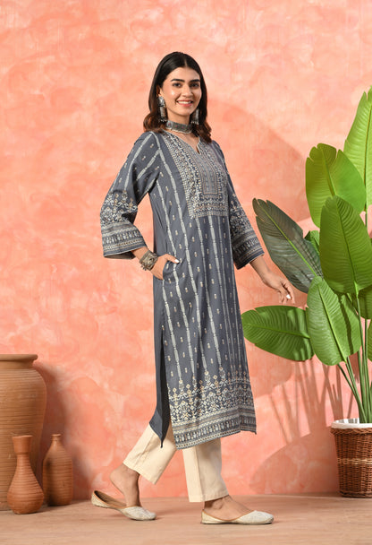 Charcoal Grey Heritage Printed Rayon Kurta with Border Detailing & Pocket