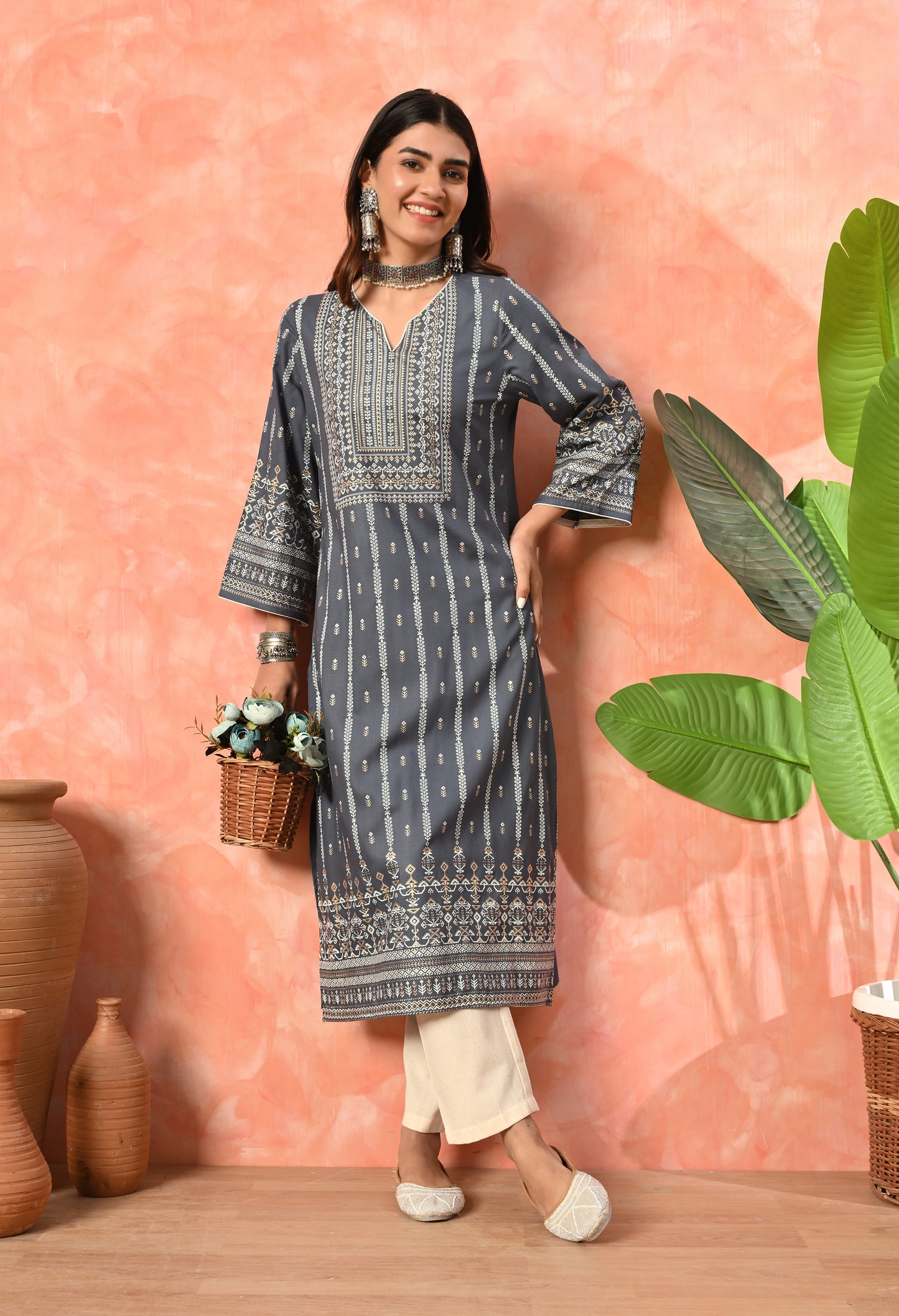 Charcoal Grey Heritage Printed Rayon Kurta with Border Detailing & Pocket
