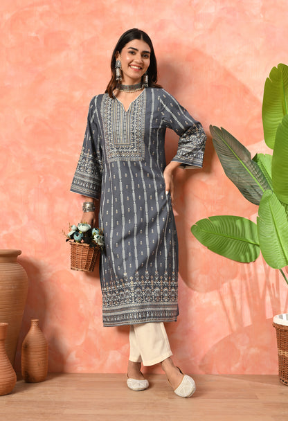 Charcoal Grey Heritage Printed Rayon Kurta with Border Detailing & Pocket