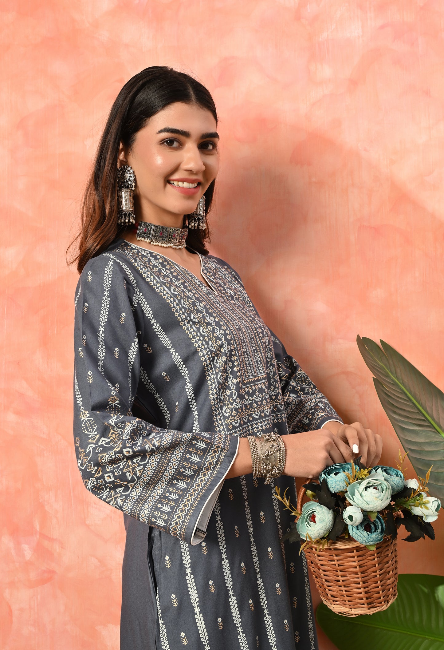 Charcoal Grey Heritage Printed Rayon Kurta with Border Detailing & Pocket