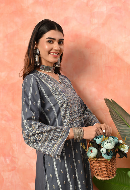 Charcoal Grey Heritage Printed Rayon Kurta with Border Detailing & Pocket