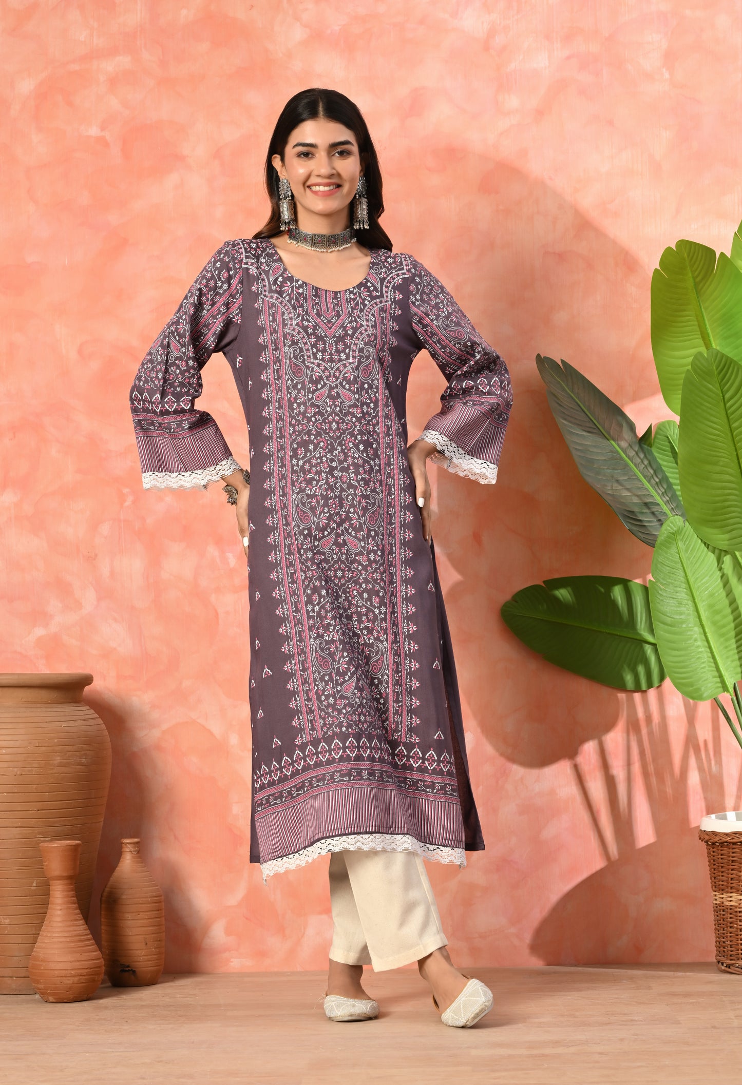 Wine Purple Traditional Floral Printed Rayon Kurta with Border Design, Lace Detailing & Pocket