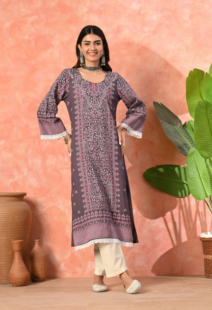 Wine Purple Traditional Floral Printed Rayon Kurta with Border Design, Lace Detailing & Pocket