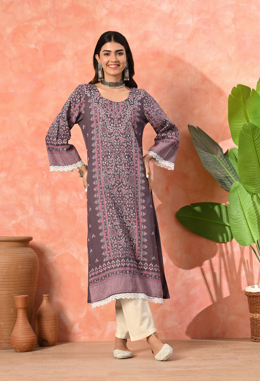 Wine Purple Traditional Floral Printed Rayon Kurta with Border Design, Lace Detailing & Pocket