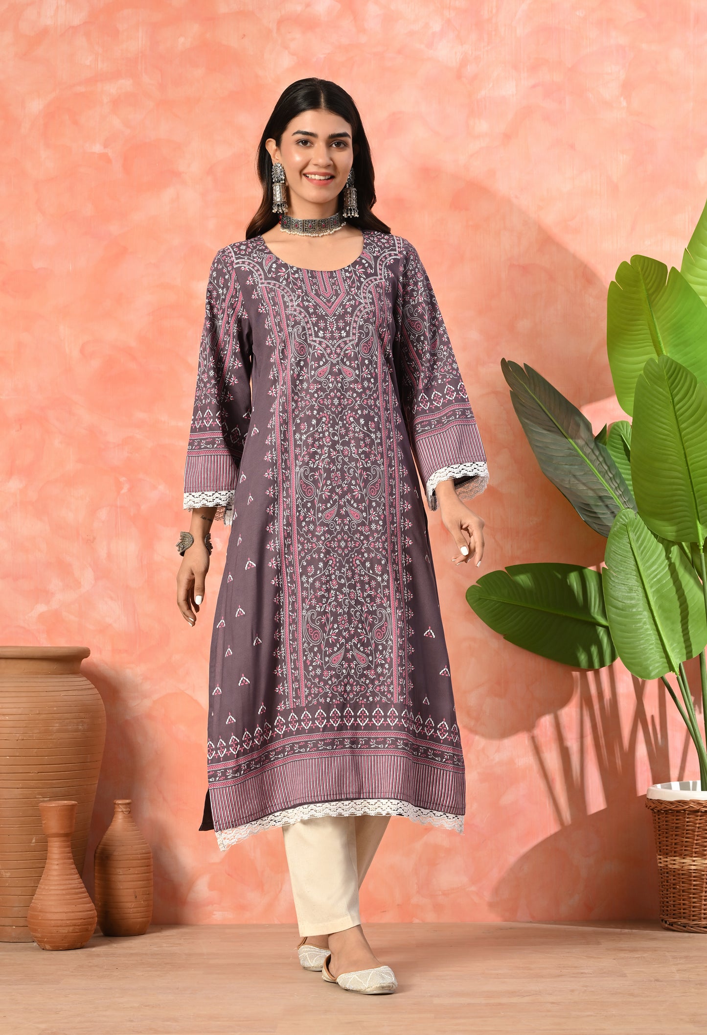 Wine Purple Traditional Floral Printed Rayon Kurta with Border Design, Lace Detailing & Pocket