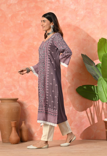 Wine Purple Traditional Floral Printed Rayon Kurta with Border Design, Lace Detailing & Pocket