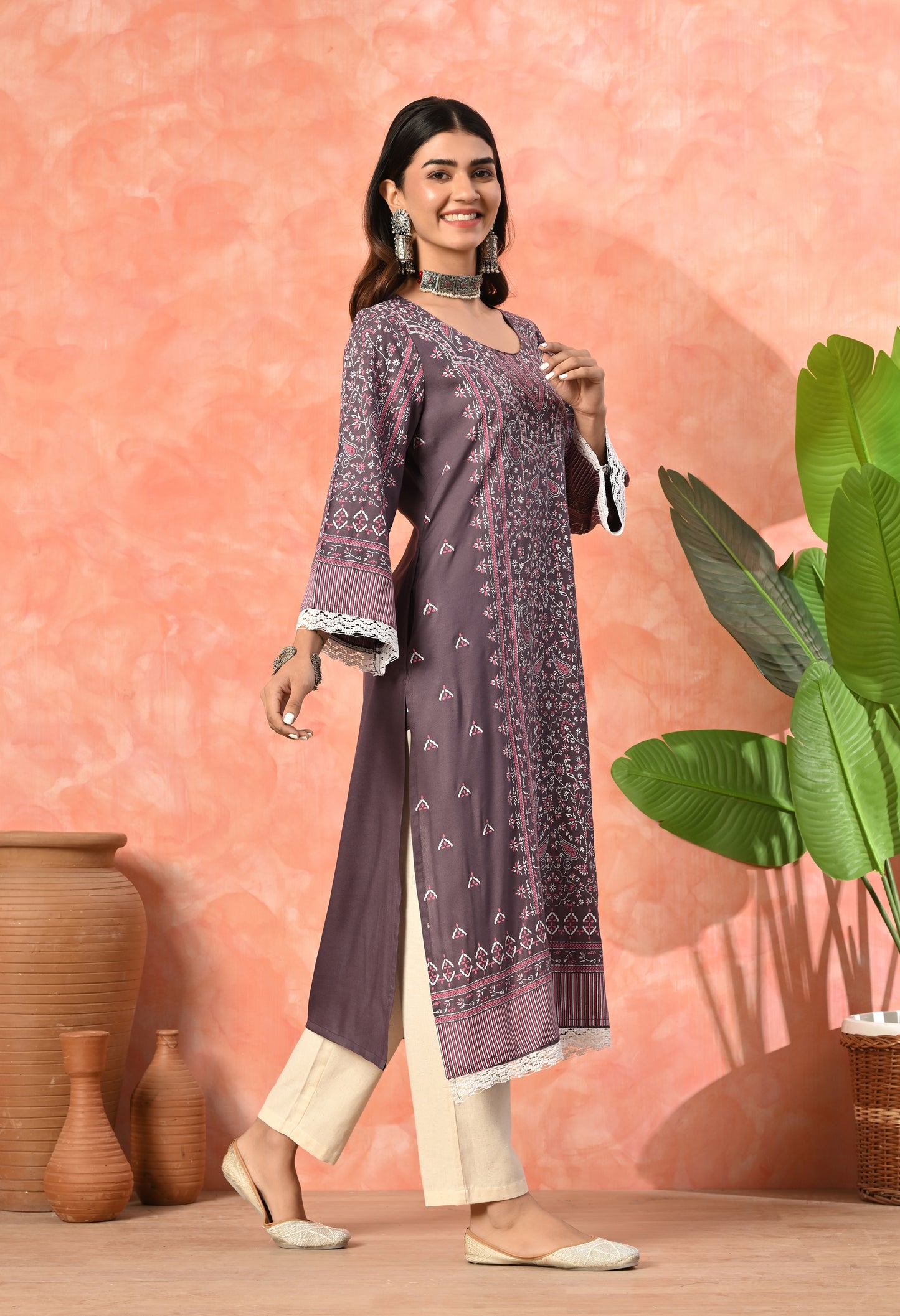 Wine Purple Traditional Floral Printed Rayon Kurta with Border Design, Lace Detailing & Pocket