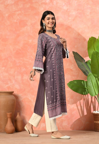 Wine Purple Traditional Floral Printed Rayon Kurta with Border Design, Lace Detailing & Pocket