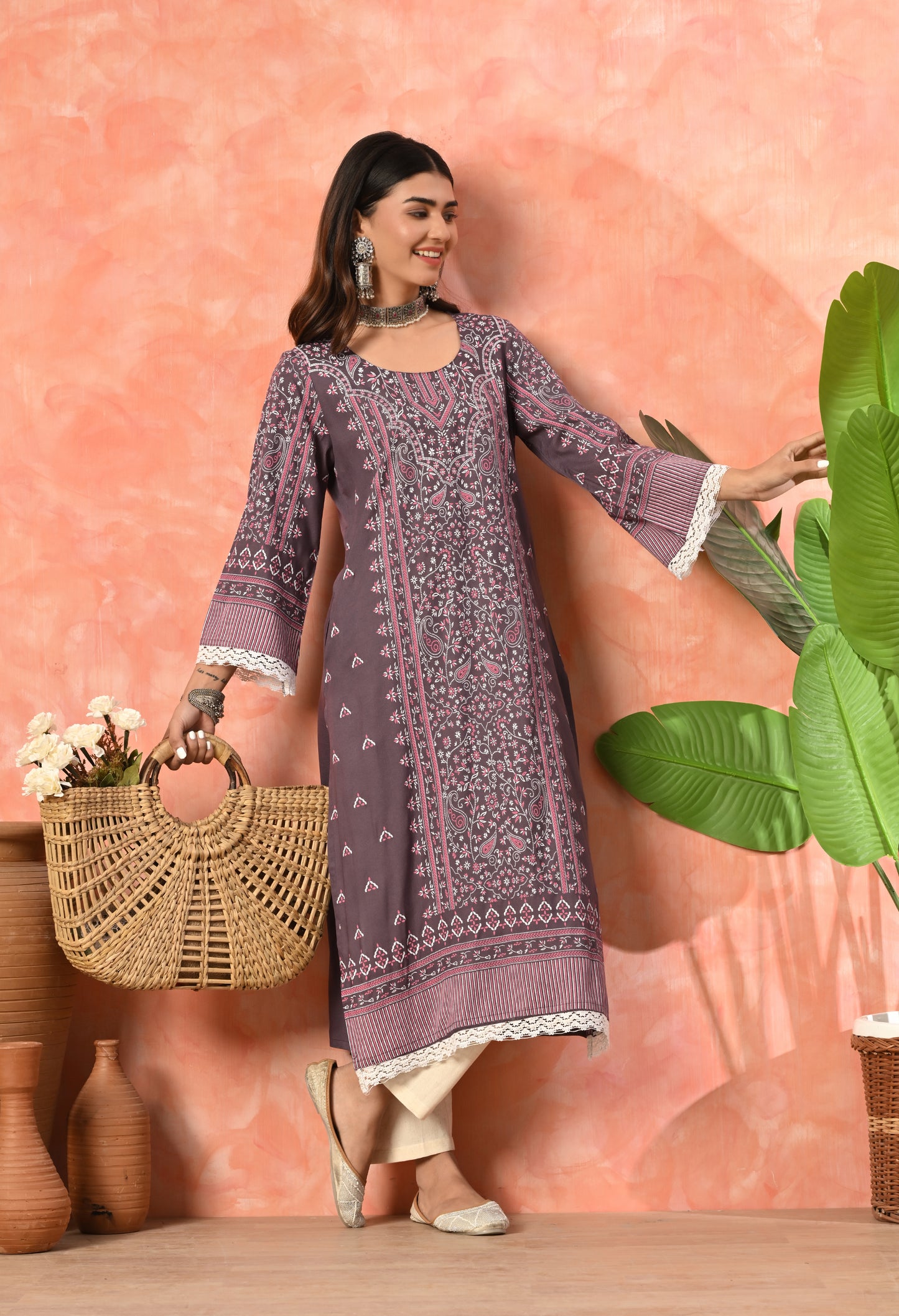 Wine Purple Traditional Floral Printed Rayon Kurta with Border Design, Lace Detailing & Pocket