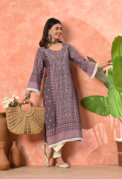 Wine Purple Traditional Floral Printed Rayon Kurta with Border Design, Lace Detailing & Pocket