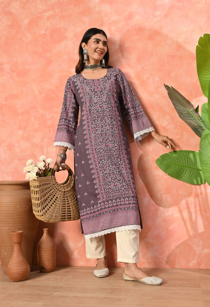 Wine Purple Traditional Floral Printed Rayon Kurta with Border Design, Lace Detailing & Pocket