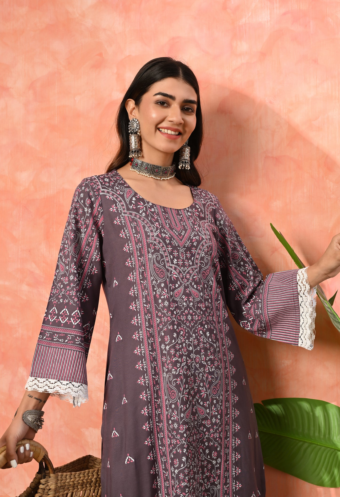 Wine Purple Traditional Floral Printed Rayon Kurta with Border Design, Lace Detailing & Pocket