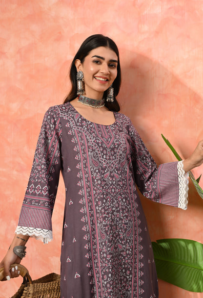 Wine Purple Traditional Floral Printed Rayon Kurta with Border Design, Lace Detailing & Pocket