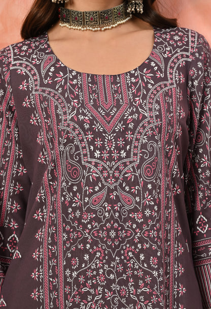 Wine Purple Traditional Floral Printed Rayon Kurta with Border Design, Lace Detailing & Pocket