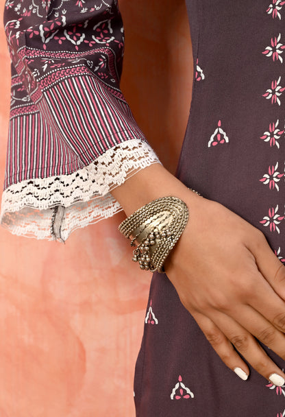 Wine Purple Traditional Floral Printed Rayon Kurta with Border Design, Lace Detailing & Pocket