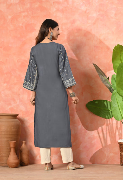 Grey Traditional Panel Printed Rayon Kurta with Ethnic Border Detailing