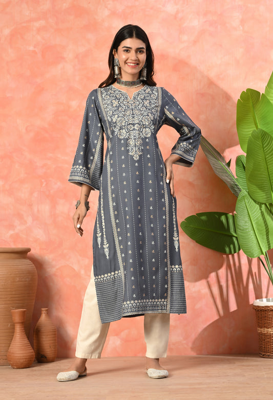 Grey Traditional Panel Printed Rayon Kurta with Ethnic Border Detailing