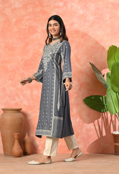 Grey Traditional Panel Printed Rayon Kurta with Ethnic Border Detailing