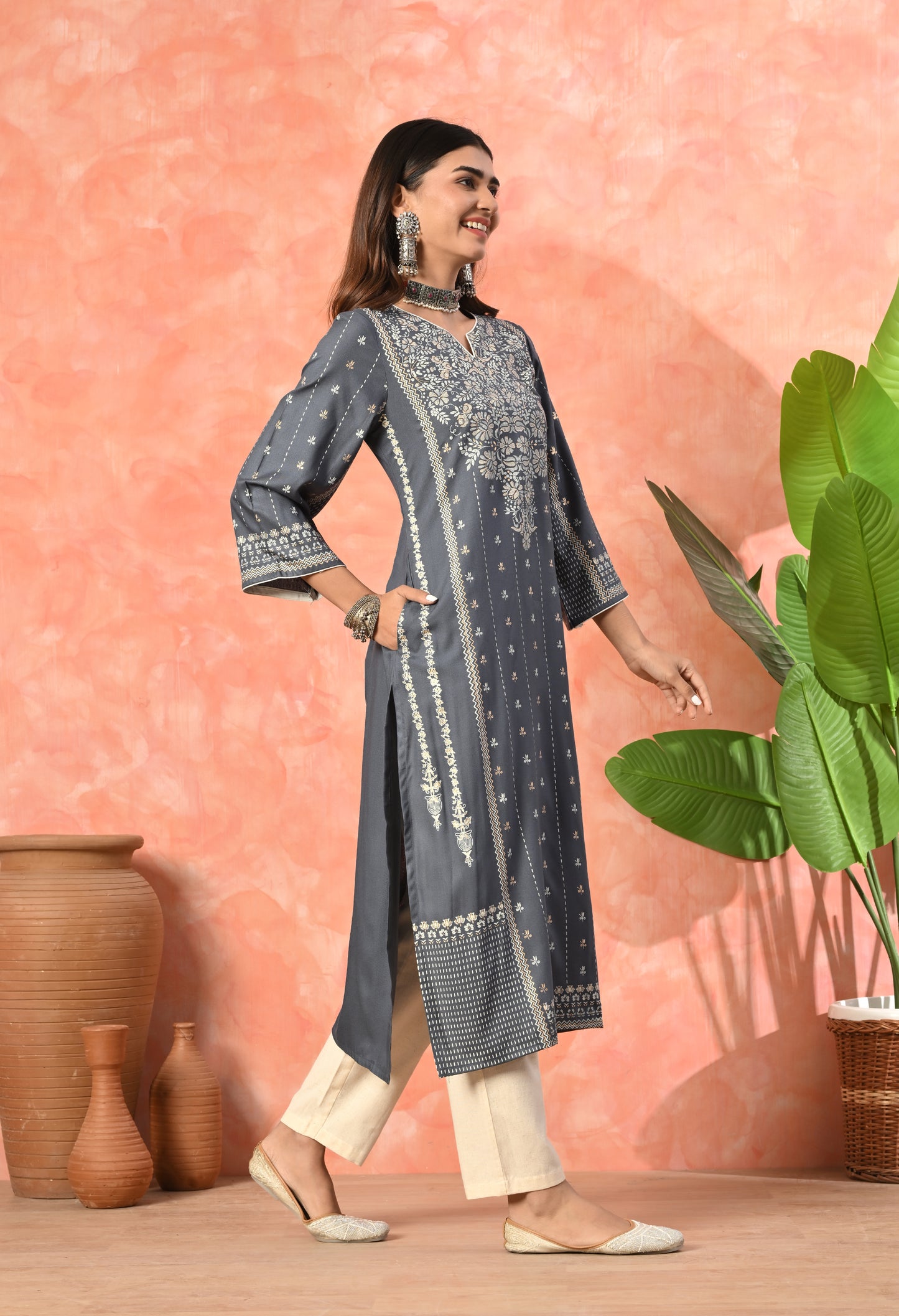 Grey Traditional Panel Printed Rayon Kurta with Ethnic Border Detailing