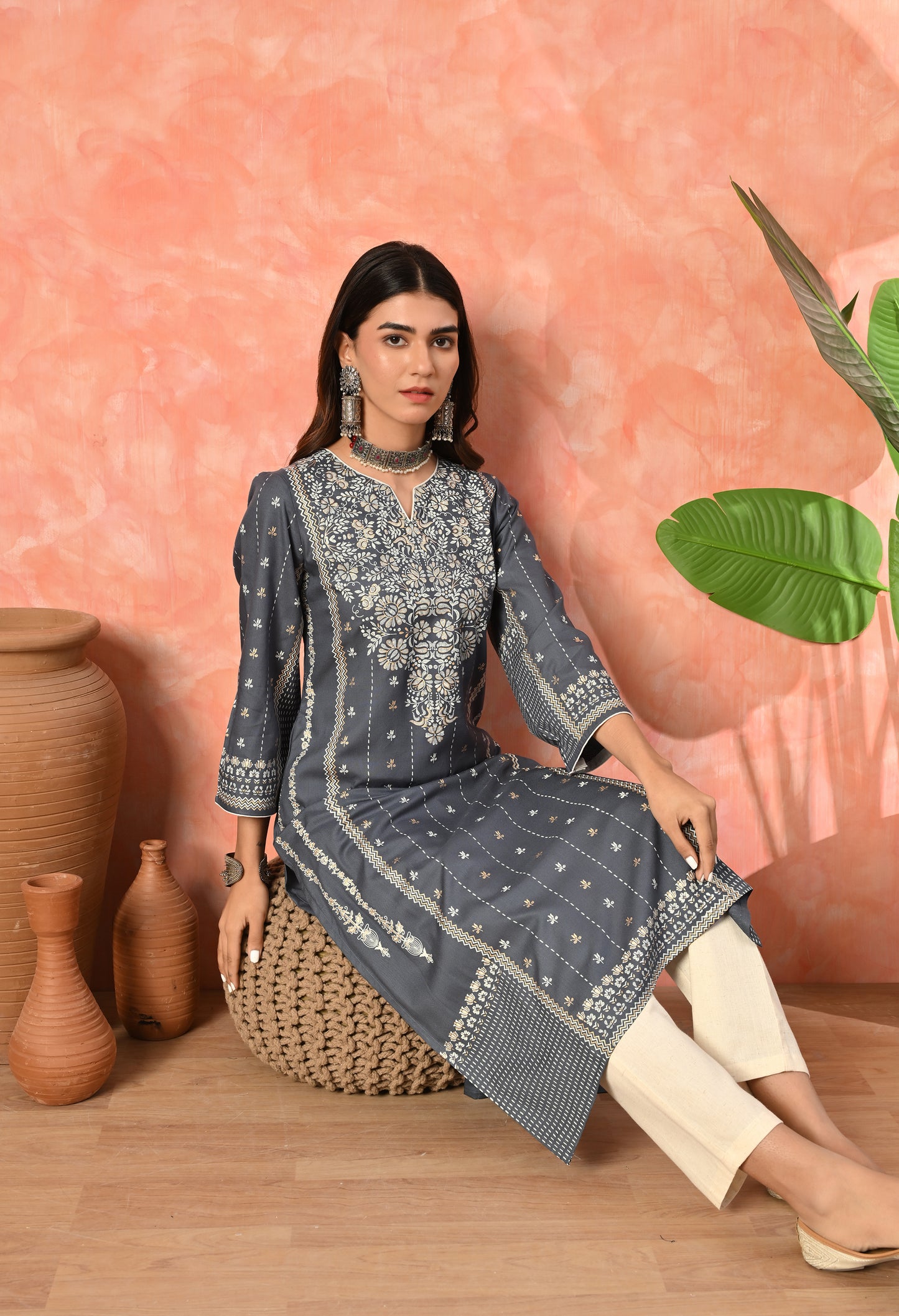 Grey Traditional Panel Printed Rayon Kurta with Ethnic Border Detailing