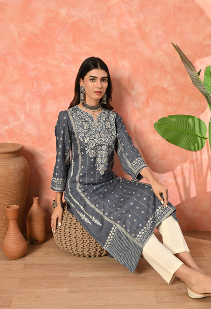 Grey Traditional Panel Printed Rayon Kurta with Ethnic Border Detailing