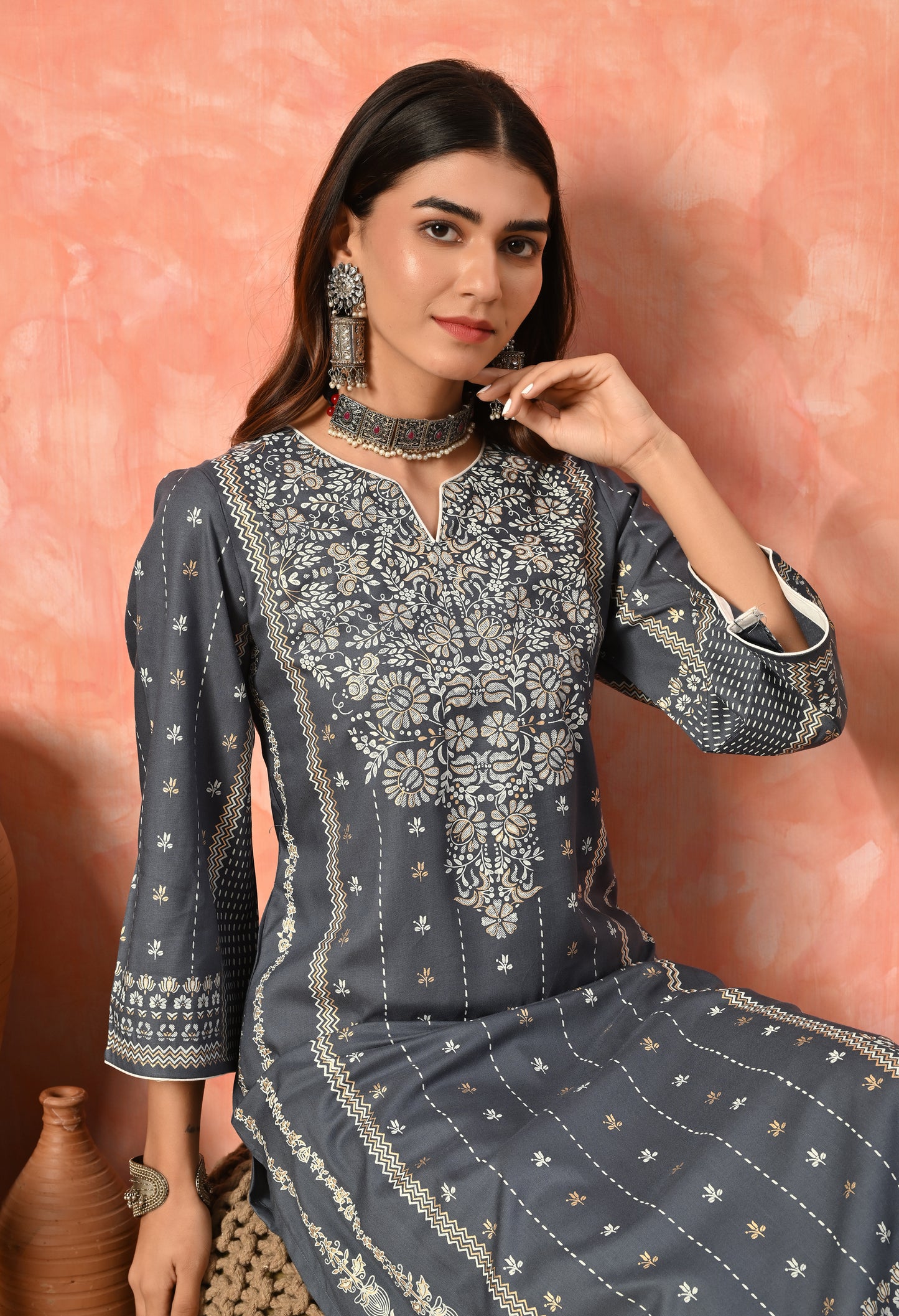 Grey Traditional Panel Printed Rayon Kurta with Ethnic Border Detailing