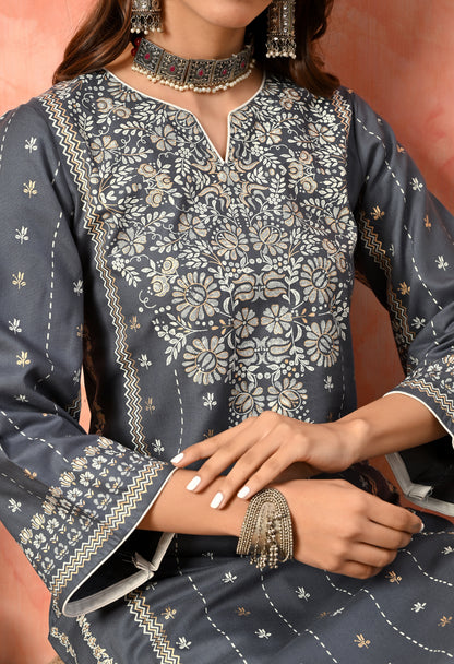 Grey Traditional Panel Printed Rayon Kurta with Ethnic Border Detailing