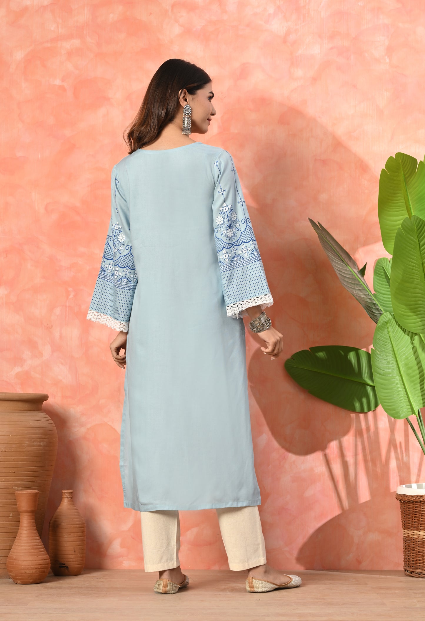 Sky Blue Ethnic Floral Buti Printed Rayon Kurta with Border Design, Lace Detailing & Pocket
