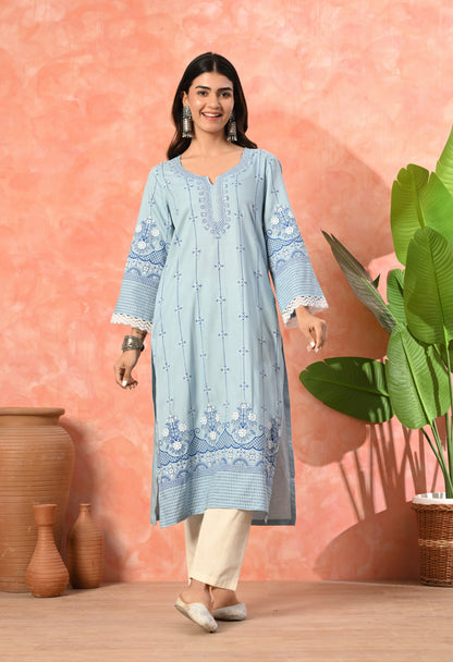 Sky Blue Ethnic Floral Buti Printed Rayon Kurta with Border Design, Lace Detailing & Pocket