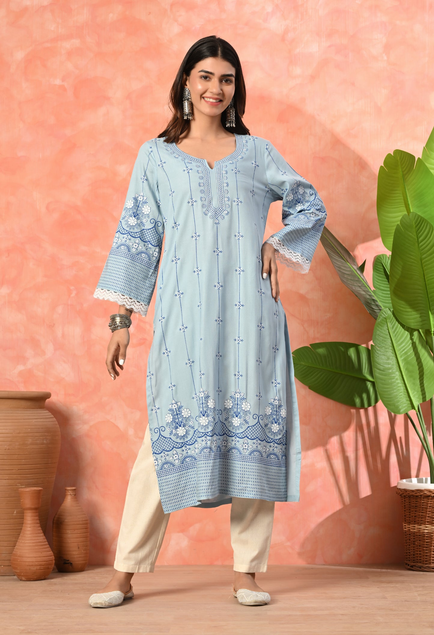 Sky Blue Ethnic Floral Buti Printed Rayon Kurta with Border Design, Lace Detailing & Pocket