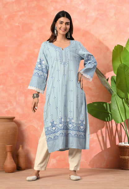Sky Blue Ethnic Floral Buti Printed Rayon Kurta with Border Design, Lace Detailing & Pocket