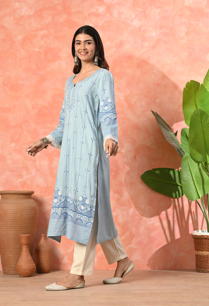 Sky Blue Ethnic Floral Buti Printed Rayon Kurta with Border Design, Lace Detailing & Pocket