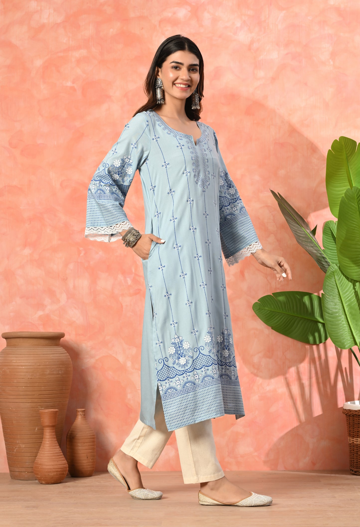 Sky Blue Ethnic Floral Buti Printed Rayon Kurta with Border Design, Lace Detailing & Pocket