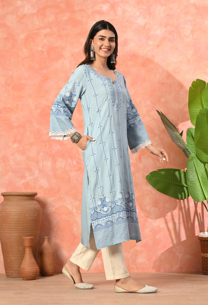 Sky Blue Ethnic Floral Buti Printed Rayon Kurta with Border Design, Lace Detailing & Pocket