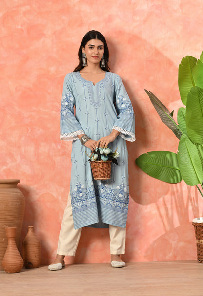 Sky Blue Ethnic Floral Buti Printed Rayon Kurta with Border Design, Lace Detailing & Pocket