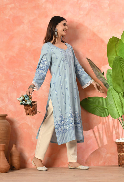 Sky Blue Ethnic Floral Buti Printed Rayon Kurta with Border Design, Lace Detailing & Pocket