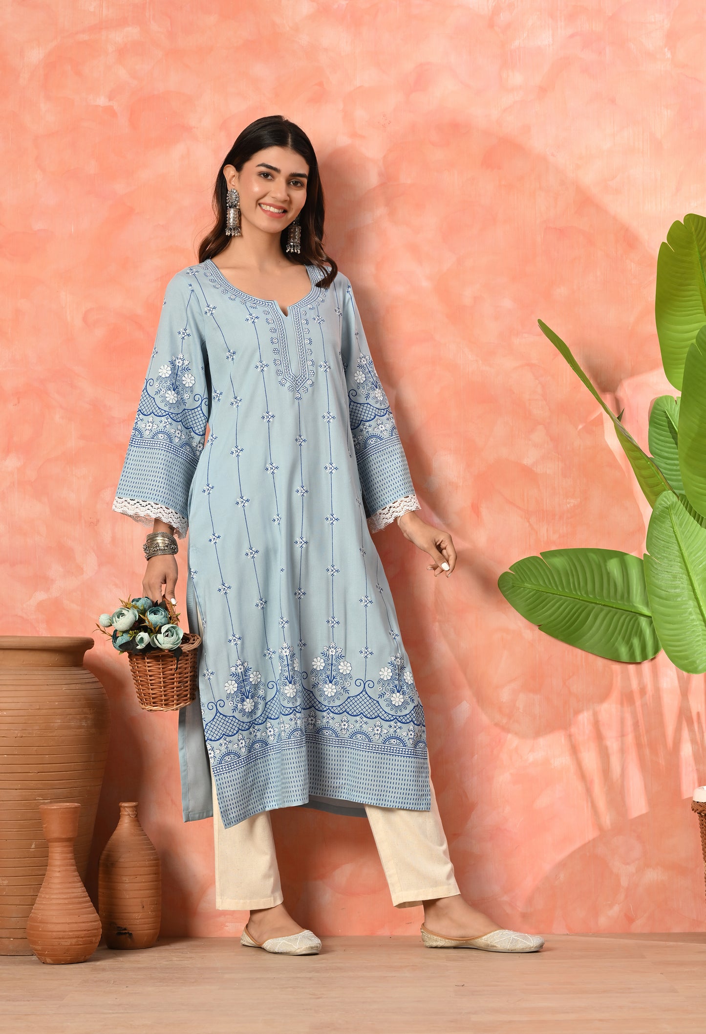 Sky Blue Ethnic Floral Buti Printed Rayon Kurta with Border Design, Lace Detailing & Pocket