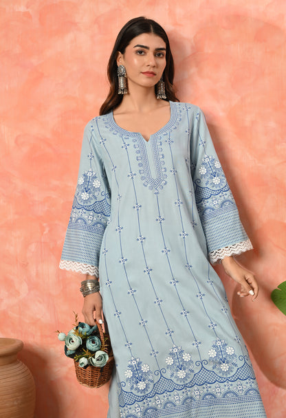 Sky Blue Ethnic Floral Buti Printed Rayon Kurta with Border Design, Lace Detailing & Pocket
