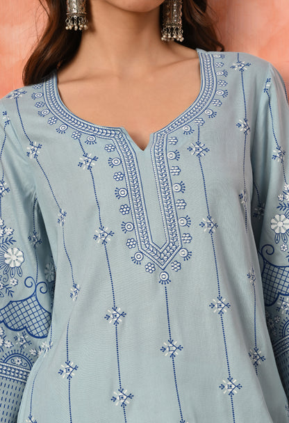 Sky Blue Ethnic Floral Buti Printed Rayon Kurta with Border Design, Lace Detailing & Pocket