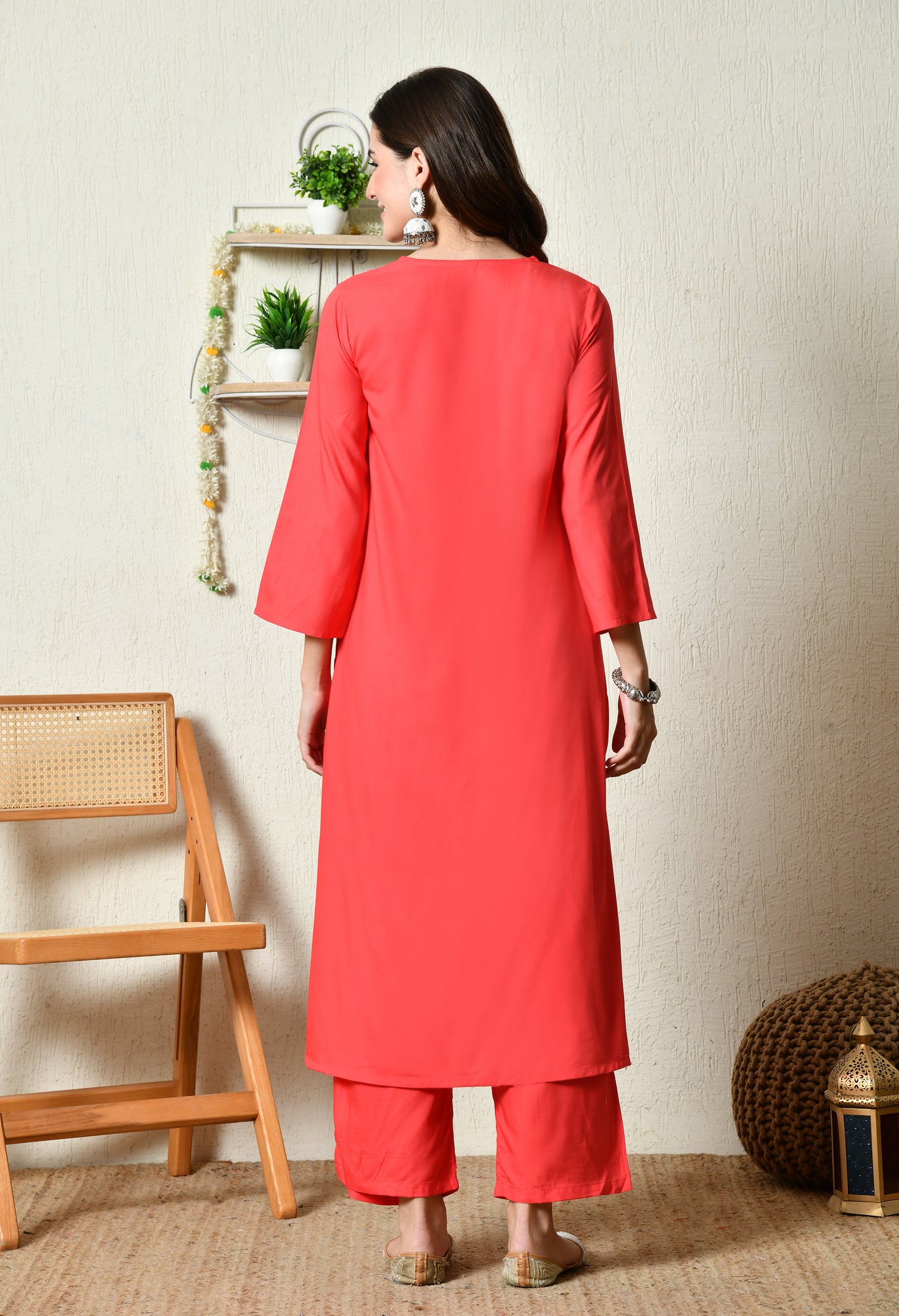 Flame Rose Solid Kurta Set | Red