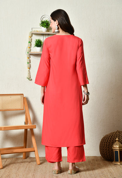 Flame Rose Solid Kurta Set | Red