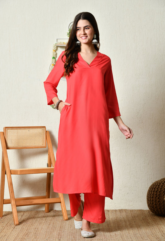 Flame Rose Solid Kurta Set | Red