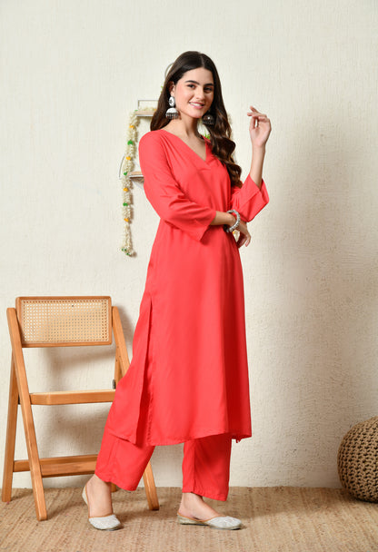 Flame Rose Solid Kurta Set | Red